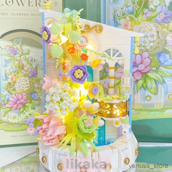 Blöcke Kreative Topfpflanzen Bausteine Wasserpavillon Blume mit Licht Bonsai Blöcke Spielzeug für Mädchen Geschenk Desktop-Dekoration R230701