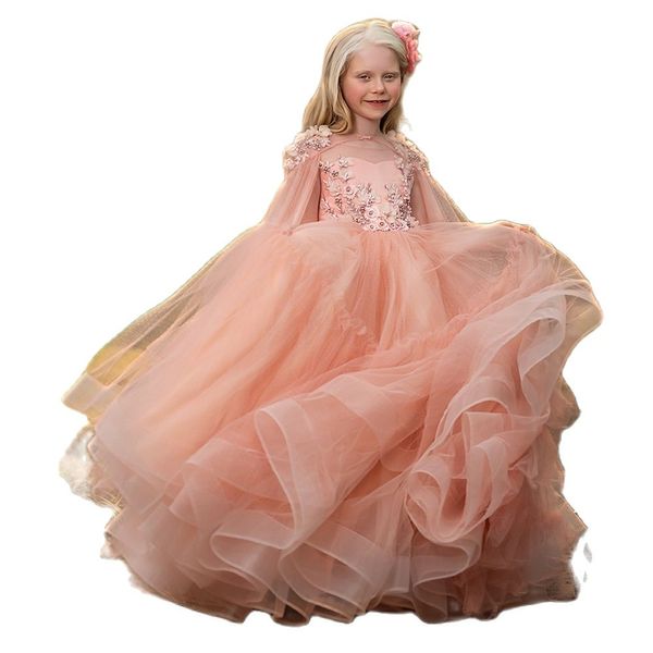 Rosa Blumenmädchenkleider mit Cape, Spitzenapplikationen, Ballkleid, Kindergeburtstagspartykleid, Tüll, bauschiges Kinderfestzugkleid