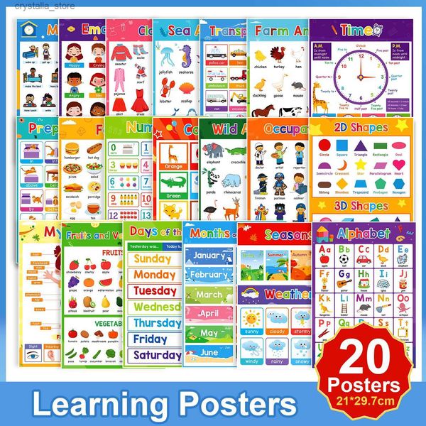 20 Themen Kinder lernen Englisch Spielzeug Schule Klassenzimmer pädagogische A4 Poster Dekoration große Karten Wandaufkleber L230518