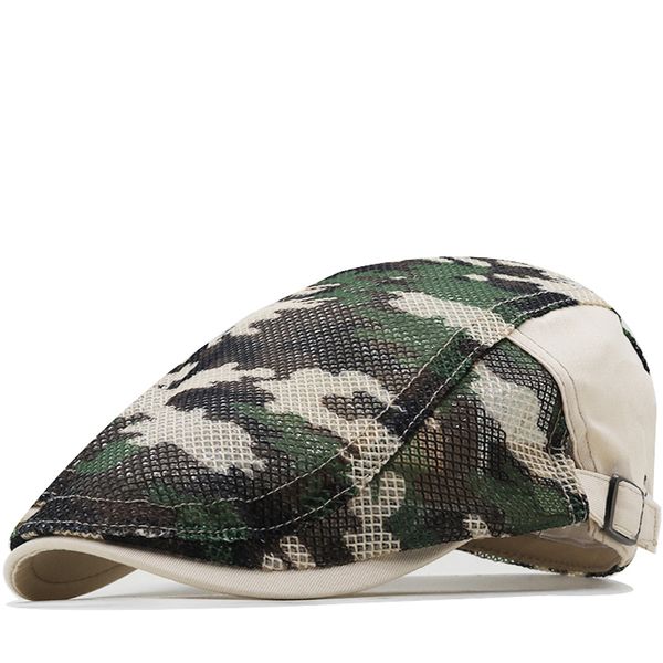 New Men Women Camouflage Duckbill Beret Cap Hollow Mesh traspirante Gatsby Cap regolabile Cabbie Newsboy Driving Hunting Flat Hat