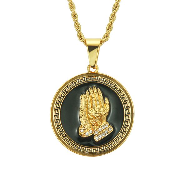Hip Hop Rapper pingente de diamante brilhante colar de ouro pintura oração mão cheia pingente de zircão criativo cobre micro-inserção de joias de zircão 60cm colar 1373