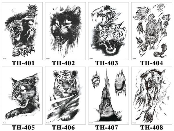 Temporäre Tattoos, 8-teiliges Engel-Tier-Totem, temporäres Tattoo-Aufkleber-Set für Männer und Frauen, Schwarz, Weiß, Wolf, Löwe, Tiger, Blume, großes Bild, Kunst, Fake Tattoo 230701