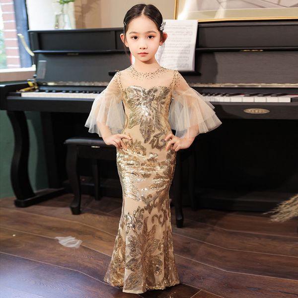 Meisjes Jurken Luxe Gouden Kralen Zeemeermin Prinses Bloemenmeisje Jurk Baby Kids Wedding Party Kostuums Eerste Comunion Vestido De 230630