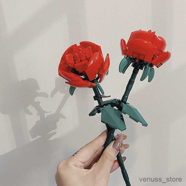 Blöcke Klassische Für Immer Liebe Romantische Rot/Rosa/Blau Rose Blumenstrauß Bausteine Kreative Spielzeug Für Mädchen Geburtstag geschenk R230701