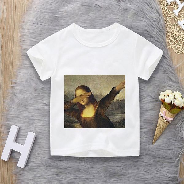 Conjuntos de roupas retrô manga curta pintura a óleo pintado menina camiseta infantil diversão brincadeira Mona Lisa bebê menino moda decote redondo crianças 230630