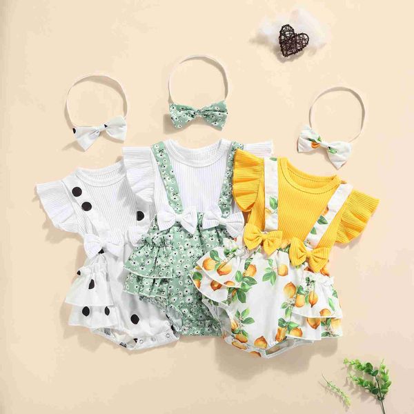 2Pcs Sommer Baby Mädchen Strampler Neugeborenen Baby Kleidung Kleinkind Rüsche Hülse Obst Floral Dot gedruckt Overall Mit Stirnband L230625