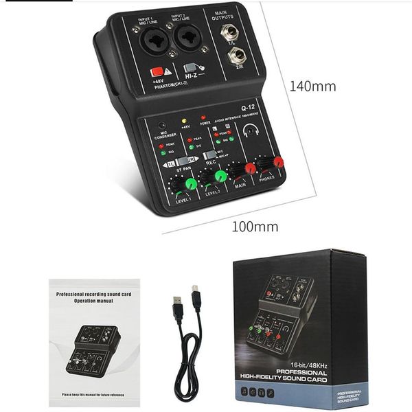 Mixer Q12 Interfaccia audio Scheda audio USB Mini mixer portatile a 2 vie senza unità per la registrazione del computer in studio di canto