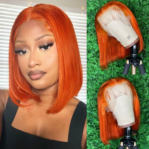 Peruca Bob curta Ombre Laranja Gengibre 13x4 Frente Renda Perucas de Cabelo Humano Para Mulheres Negras Brasileira Liso Laranja Lace Peruca Pré Depenado