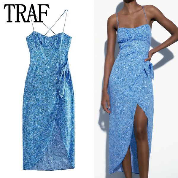 Urban Sexy Dresses TRAF Blue Print Korsett Kleid Frau Knoten Rückenfrei Midi Slip Damen Sommer lang für Abendparty 230630