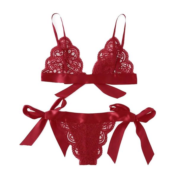 Rot Dessous Sexy Set Spitze Bogen Frauen Nachtwäsche V-ausschnitt Transparent Bh Set Ärmellose Dessous Spitze Bralette Und Höschen Set286L