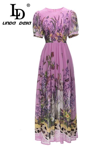 Urban Sexy Dresses LD LINDA DELLA Summer Designer Vestido Feminino Com Gola Redonda Manga Curta Roxo Estampado Cintura Estilo Festa Slim 230630