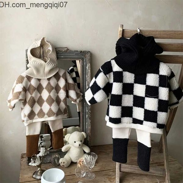 Conjuntos de Roupas Conjuntos de Roupas Txlixc Coreano Criança Meninos Roupas Outono Inverno Conjunto Quente Manga Comprida Estampa Checkerboard Pulôver de Lã Cordeiro Contraste Cor Z230701