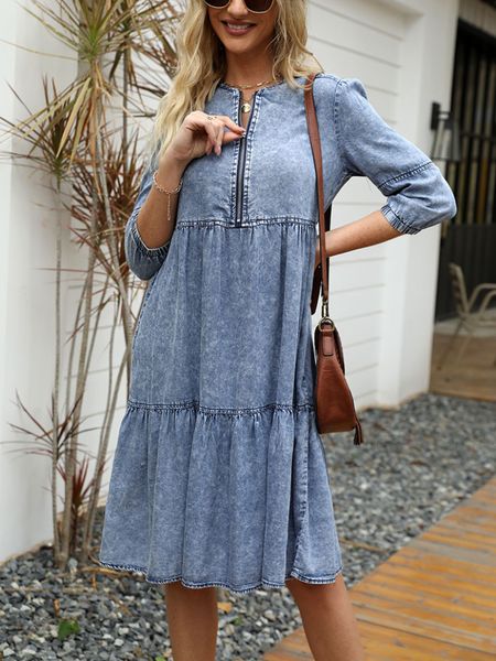 Grundlegende Freizeitkleider Schwarzes Kleid Frauen Frühling Sommer Imitation Denim Vintage Kleid Feste weibliche Mode lässig blaues Kleid Knielang