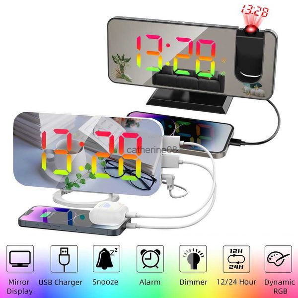 Светодиодная проекция Цифровой будильник Динамика RGB Дисплей Зеркальные часы USB Электронный потолочный проектор Настольные часы для спальни L230621