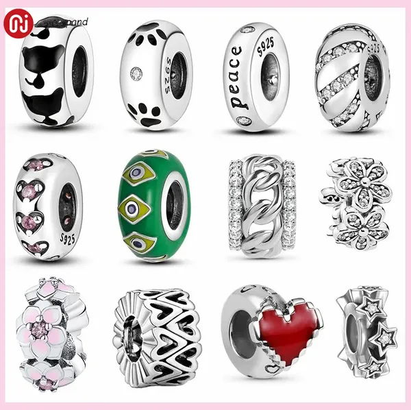 925er Silberperlen-Charms für Pandora-Charm-Armband, Katzenpfoten-Abstandshalter, Herz-Blumen-Stopper-Charm-Set