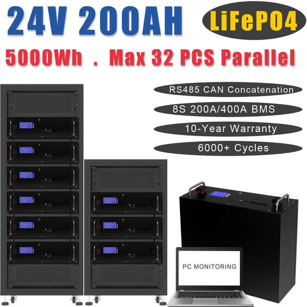 24V 200Ah 300AH 29.2V 5KW 7KW LiFePO4 Bateria 6000 Ciclos CAN RS485 RS232 Armazenamento de energia solar para estação base