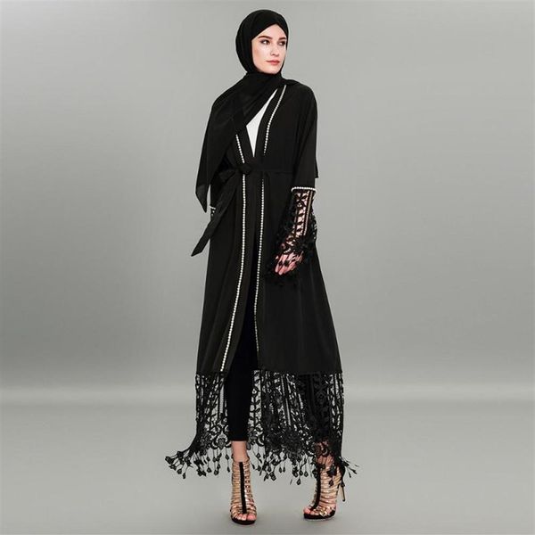 Abito Abaya musulmano da donna Cardigan in pizzo patchwork Abito musulmano nero Caftano Dubai Hijab Plus Size 4XL Abbigliamento islamico247K