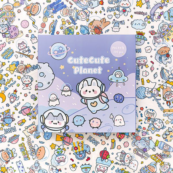 Adesivos adesivos 100 pçsset Cute Planet Animals Cartoon PVC impermeável Kawaii Sticker for Cup Phone Stationery Diary Decor Gift 230630