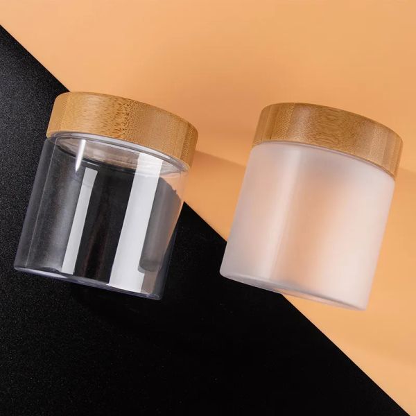 Vücut Yağı Krem Konteyner Ambalaj Şişeleri Amber PET Kozmetik Vidalı Kapaklı 8 Oz Plastik Kavanoz Bambu Ahşap Kapaklı
