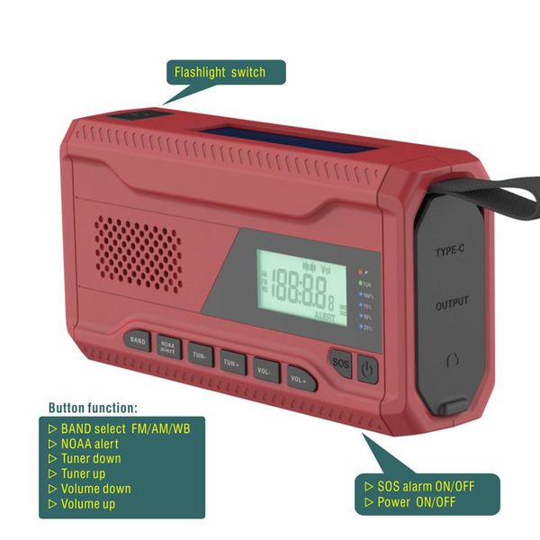 Radio Radio a manovella Radio di emergenza multifunzione, Radio multibanda FM/AM/WB, Batteria integrata da 4500 mAh con ricarica solare