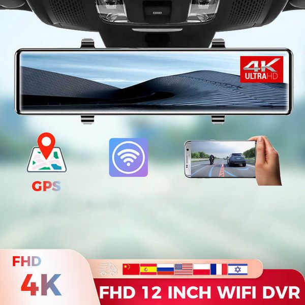 CAR DVR 4K Vídeo de 12 polegadas DVR Vista traseira Mirror Recorder Dash Cam Wi -Fi GPS Track IMX415 Ultra HD 38402160p Câmera para telefone APPHKD230701