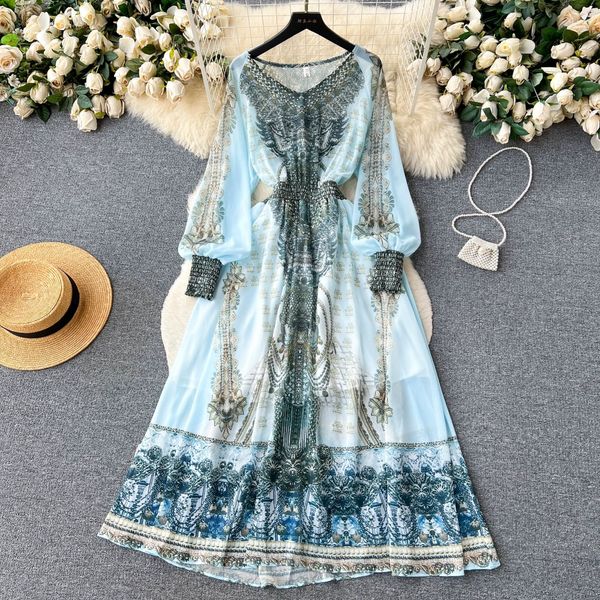 Sommer dünnes französisches Vintage-Mode hochwertiges Laternen-Langarm-bedrucktes Kleid mit Taillenwickel-Stil, großes Swing-Kleid