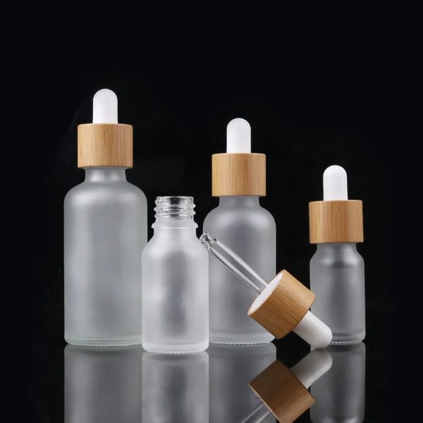 Großhandel Bambuskappe Milchglas Tropfflasche Flüssigreagenz Pipettenflaschen Augentropfer Aromatherapie Ätherische Öle Parfümflaschen