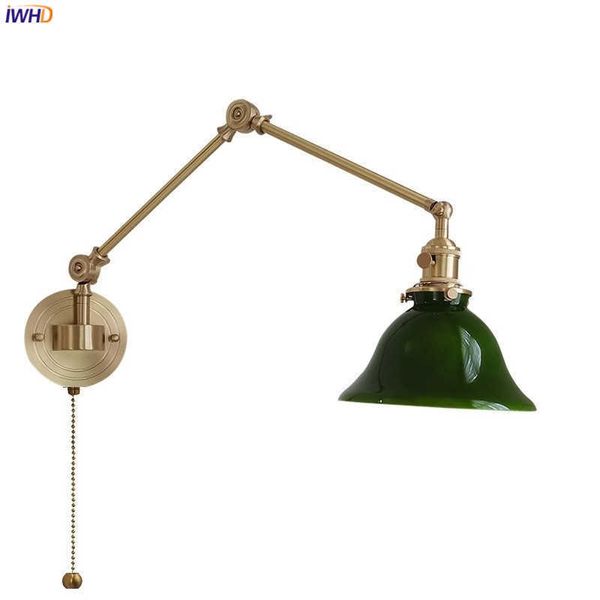 Lampade IWHD Ruota a sinistra ea destra Lampada da parete in rame Beisde Swing Braccio lungo Paralume bianco verde Nordic Modern Wandlamp LightingHKD230701