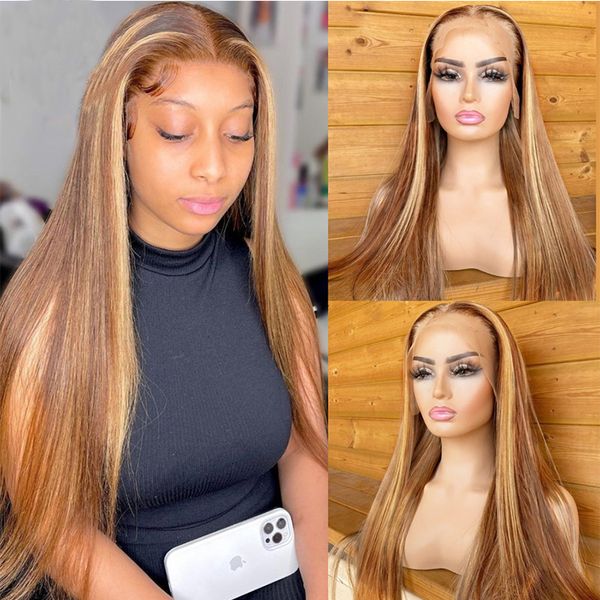 Peruca de renda longa e macia loira mel com cabelo humano liso para mulheres negras BabyHair pré-arrancado diariamente