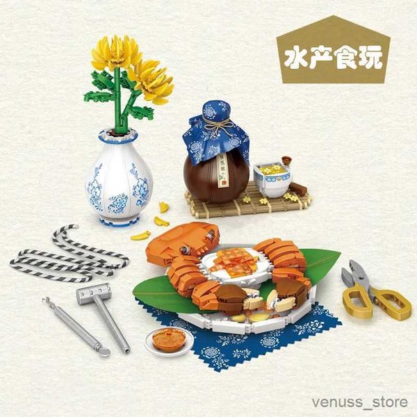 Blöcke Kreative Mini Block Chinesisches Essen Haarige Krabben Baustein Bier Krebse Freunde Spielzeug Puzzle Montage Für Kinder Geschenk R230701