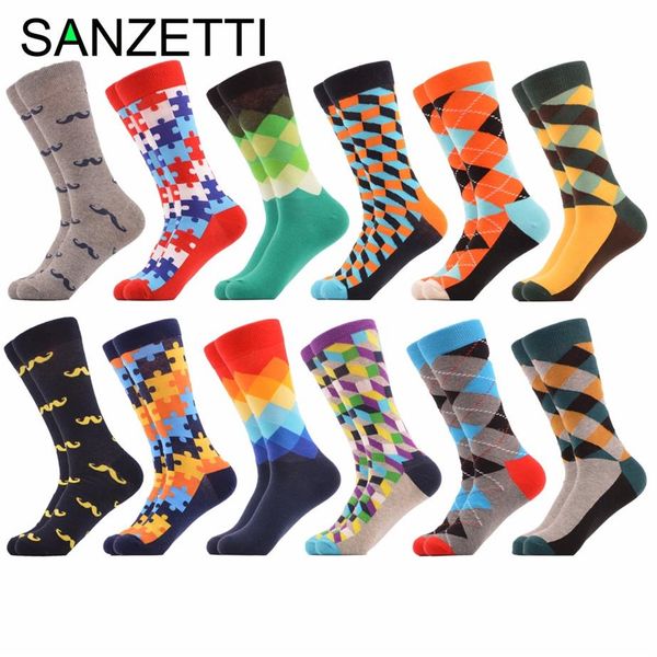 SANZETTI 12 pares muito engraçado casual Chaussette Homme Crew Diamond Argyle colorido masculino vestido meias de algodão penteado Happy Socks2780