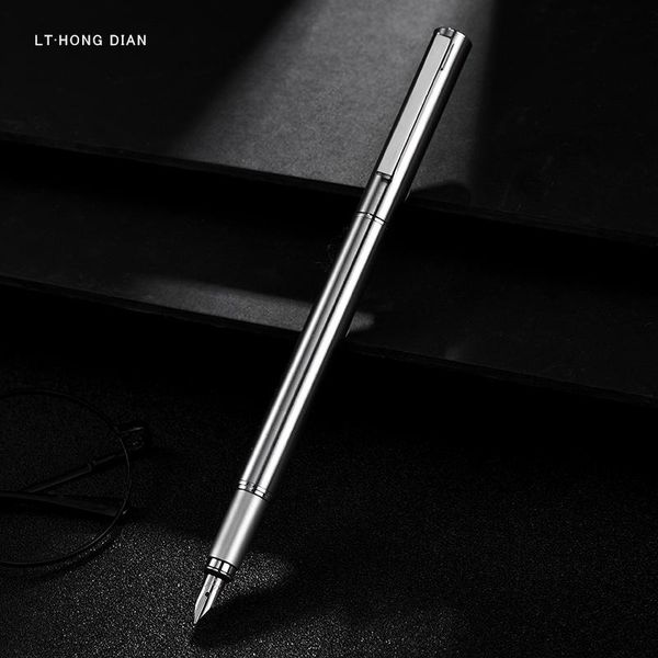 Pens Lt Hongdian Metal Allsteel Fountain Penna Fine Penna da 0,5 mm Silver Bright Simple Business Office Studente di scrittura Regalo Ink Penna