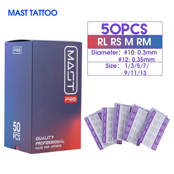 Aghi per tatuaggio 50 pezzi / scatola Formato misto RL / RS / RM / M Aghi sterilizzati per cartucce per tatuaggi PRO per tatuaggi permanenti per la fornitura di macchine per tatuaggi 0,3 mm / 0,35 mm 230630