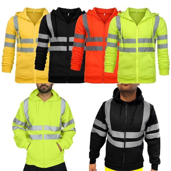 Erkek Hoodies Tişörtü Üstleri Polar Sweatshirt Zip Kapşonlu Gece Çalışması Yüksek Görünürlük Ceketi Hi Viz Vis Yansıtıcı Kazak Hoodie 230630