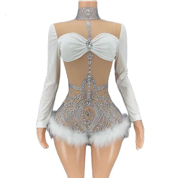 Kentsel Seksi Dresse Sahne Pırıltılı Uzun Kollu Şeffaf Tüy Bodysuit Doğum Günü Partisi Gece Kulübü Leotard Giymek 230630