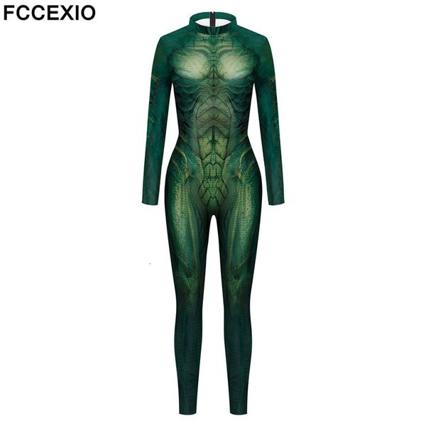 Damen-Overall-Spielanzug, FCCEXIO, grüner Alien-Druck, Feiertagsparty, nahtloser Bodysuit, Damenmode, sexy Stretch, Freizeitkleidung, Cosplay-Kostüm, Overall 230630