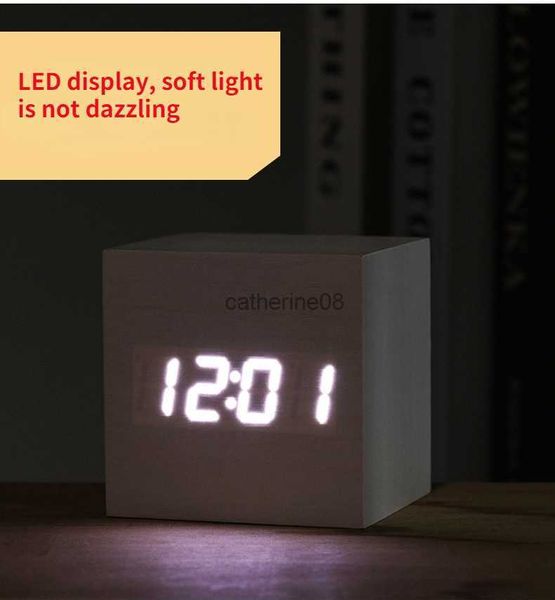 Relógio digital quadrado multifuncional LED despertador madeira retrô brilho relógio mesa decoração de mesa controle de voz ferramentas função soneca