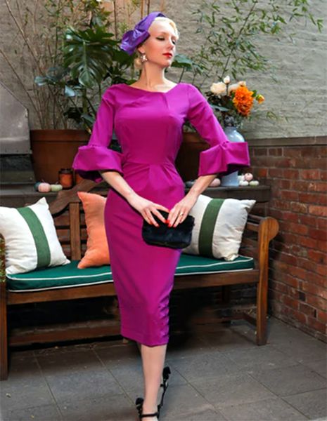 Vintage Teelange Kleider für die Brautmutter mit Puffärmeln, Fuchsia-Hülle, elegante, schlichte Satin-Gast-Hochzeitsparty-Kleider für Frauen, Bräutigam, Mutter, formelle Kleidung