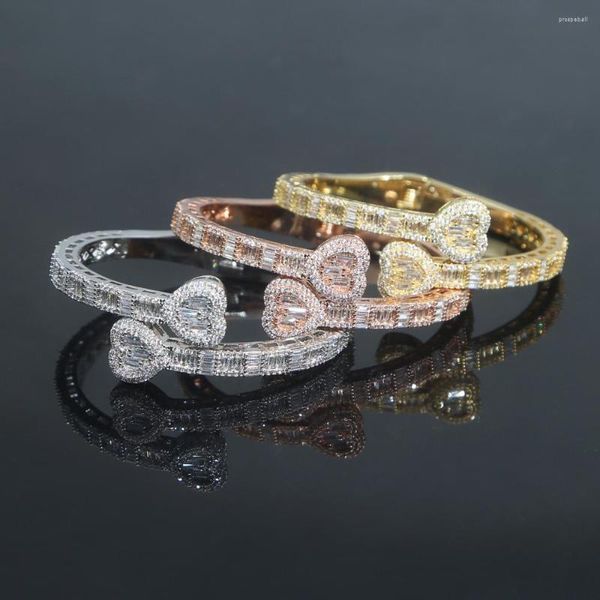 Bracciale Hip Hop Stili all'ingrosso Bracciale con zircone cubico pavimentato in oro rosa placcato argento a forma di cuore per donna uomo