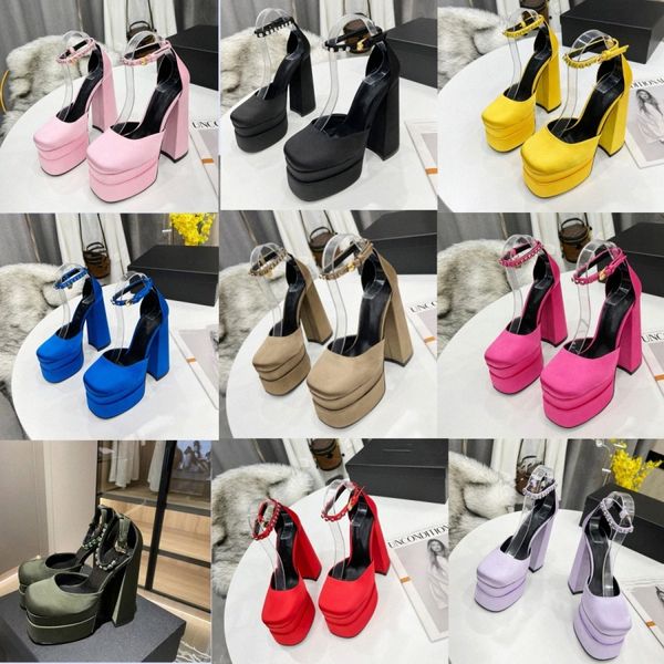 Luxus AEVITAS Sandalen Wasserdichte Plattform High Heel Personalisierte Satin Catwalk Design Plattform Dicker Absatz Doppelter Knöchelriemen VerziertWbLN#