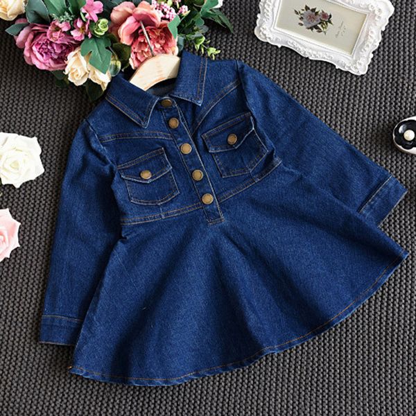 Abiti da ragazza Ragazze Abito in denim Autunno Piccole e medie dimensioni Moda Abbigliamento per bambini Manica lunga Tasca con risvolto Bambini Monopetto 230630