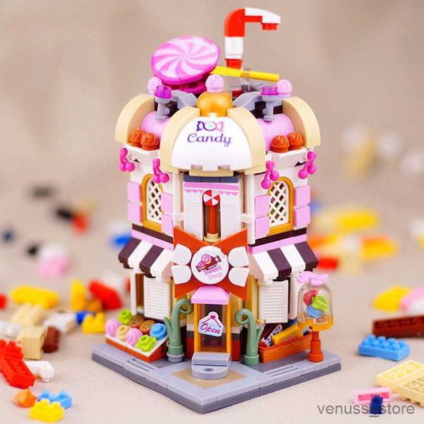 Blocchi in miniatura City House Building Blocks Negozio di caramelle Sala giochi Street View Modello assemblato Giocattoli per bambini Regalo di compleanno R230701