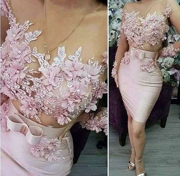 Moda Rosa Curto Vestidos de Coquetel 2023 Sexy Ilusão Mulheres Vestidos de Noite Flores Miçangas Apliques de Renda Mangas Compridas Ins Gala Vestido de Baile Ocasião Especial Roupa de Festa