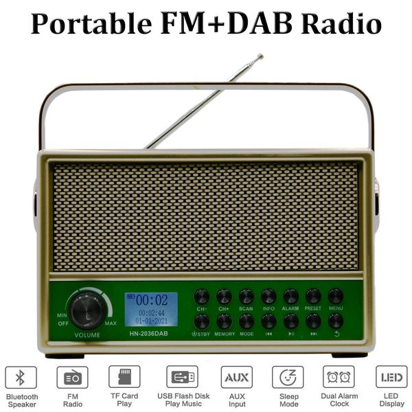 Tragbares Dab-Radio, Retro-Digital-FM-Empfänger, Bluetooth-Lautsprecher, TF/USB/Aux-MP3-Player mit LED-Anzeige, unterstützt Dual-Wecker