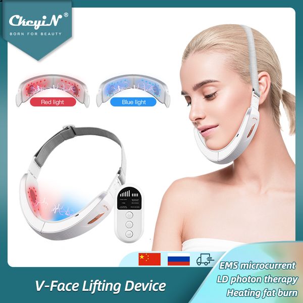 Dispositivos de cuidados faciais CkeyiN Chin V Line Up Lift Belt Machine Blue LED P on Therapy EMS Lifting Slimming Vibration Massager Double Reducer 230701