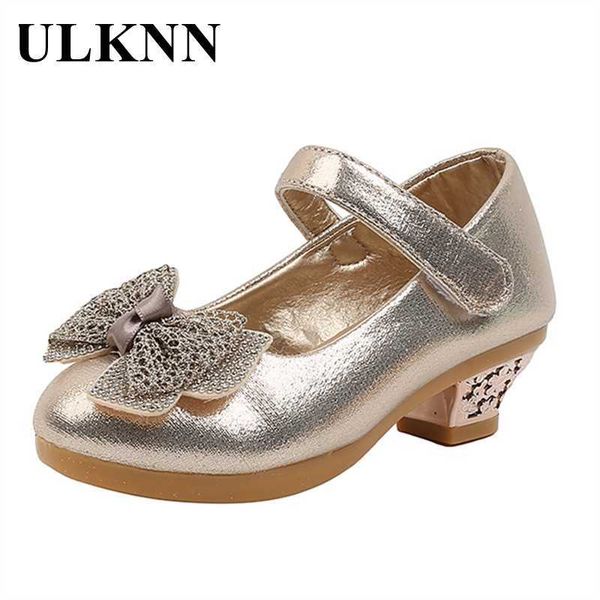 Кроссовки ULKNN Золотые туфли на высоком каблуке для девочек, весна 2023 года, новые детские принцессы, детские розовые кожаные туфли, большие детские туфли с бантомHKD230701