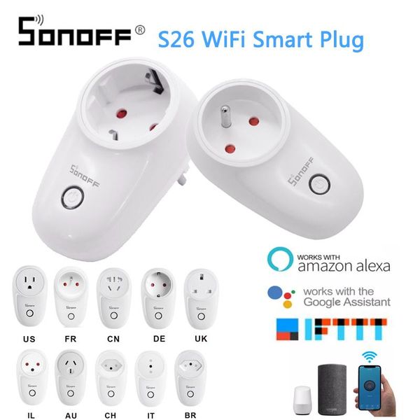 Подключи Sonoff S26 Wi -Fi Smart Plug Socket Br/US/UK/UK/EU беспроводная плавка Power Sockets Smart Home Switch для Alexa Google Assistant Ifttt