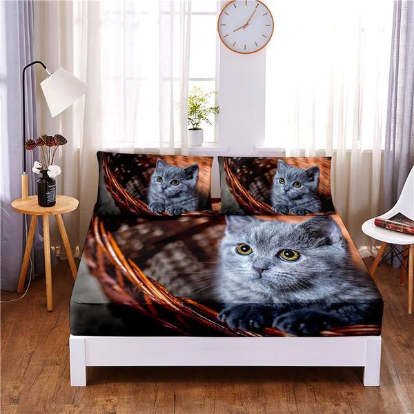 Conjunto adorável civeta gato digital impresso 3 peças de poliéster lençol capa de colchão quatro cantos com elástico lençol fronhas