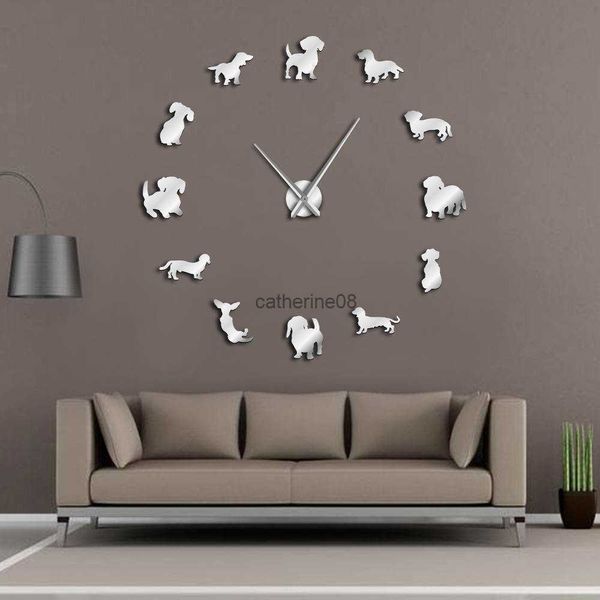 Fai da te Bassotto Wall Art Wiener-Dog Puppy Dog Pet Orologio da parete gigante senza cornice con effetto specchio Orologio da parete grande orologio da salsiccia L230621