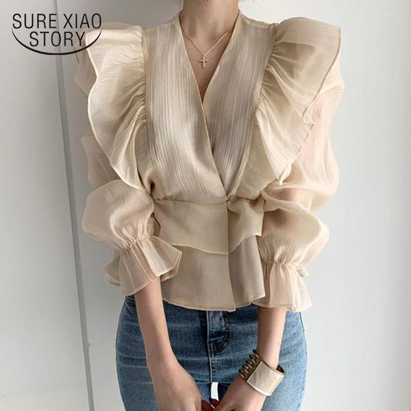 Blusas femininas primavera 2023 camisa com babados com decote em V fashion feminina vintage blusa de chiffon sólida manga flare feminina com damasco 10334